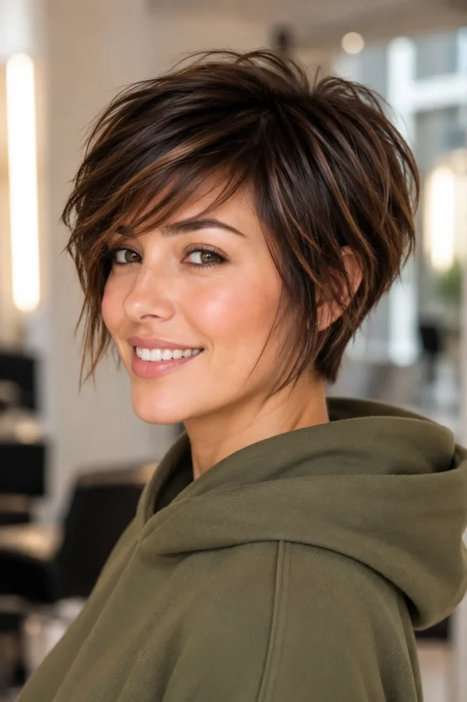 3. Choppy pixie bob with side swept fringe