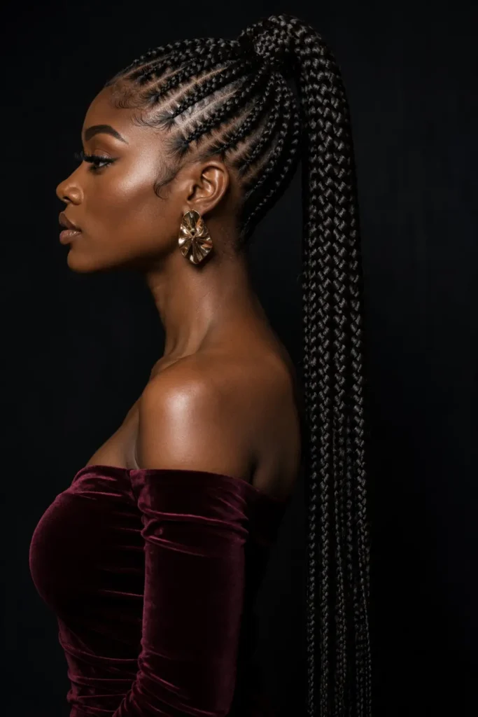 Cornrow braided ponytail hairstyle with neat rows leading to a gathered natural pony