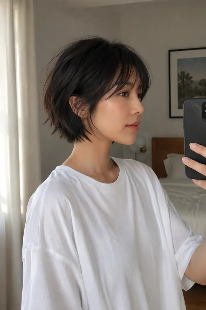3. Short shaggy bob with wispy bangs