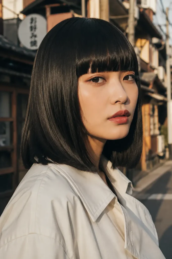 Shoulder Length Hairstyles With Bangs for Thin Fine Hair 5 3. Textured Lob With Piece y Bottleneck Bangs