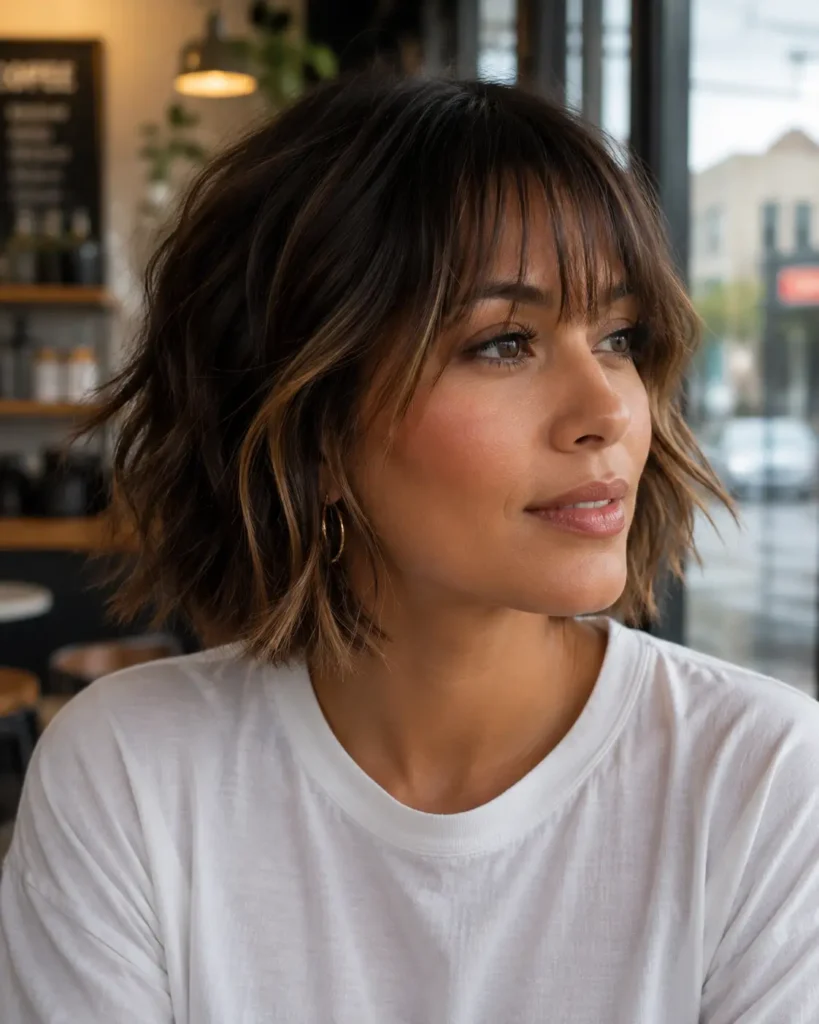 3. Textured choppy bob with wispy bangs