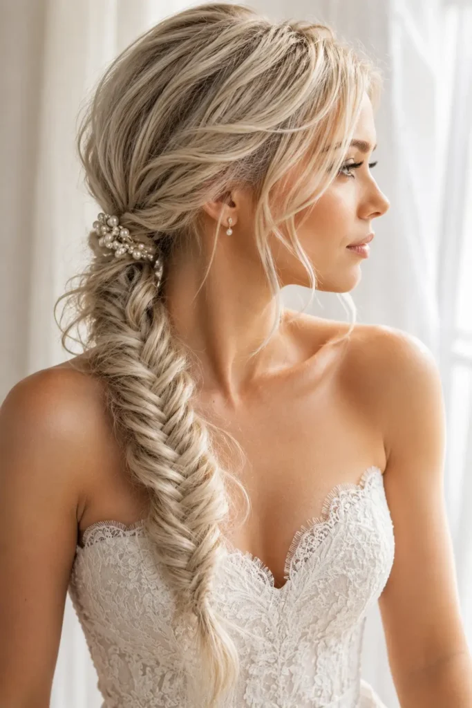 Feed-in braided ponytail hairstyle with seamless extensions and long flowing tail