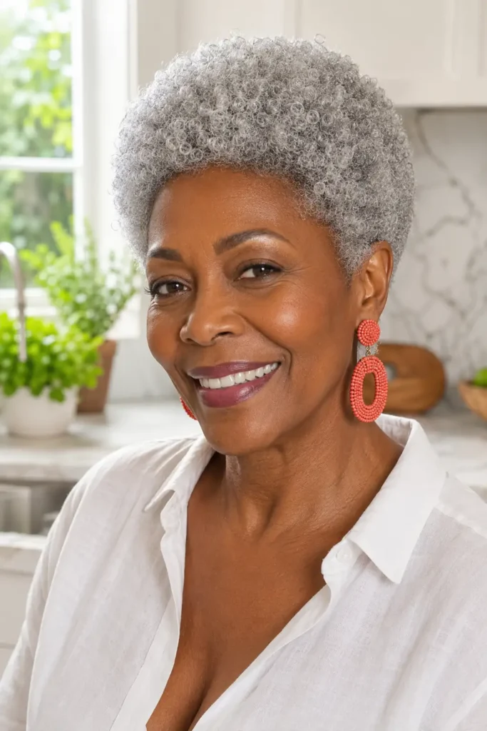 Pixie Hairstyles for Older Black Women 7 5. Bold Silver Afro Pixie Over Fifty