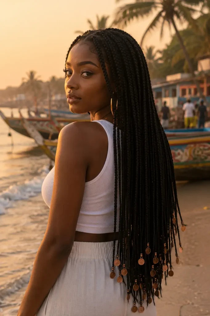 5. Box Braids with Coin Accessories
