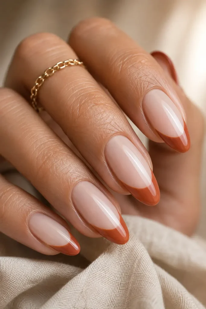 5. Terracotta French tip on tapered almond nails