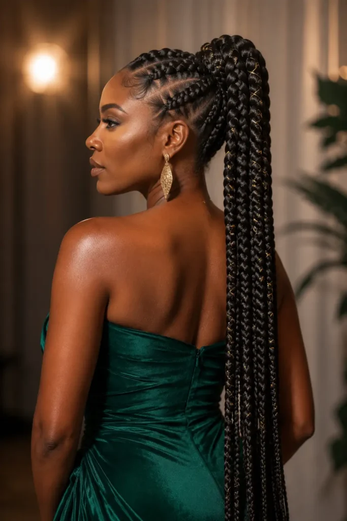 Fishtail braid ponytail hairstyle with intricate woven texture on medium-length hair