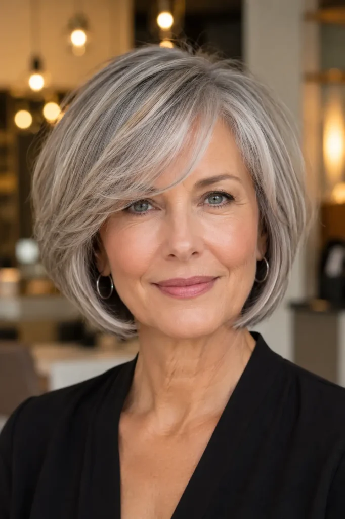 7. Silver Layered French Bob with Side Swept Bangs for Women Over 50
