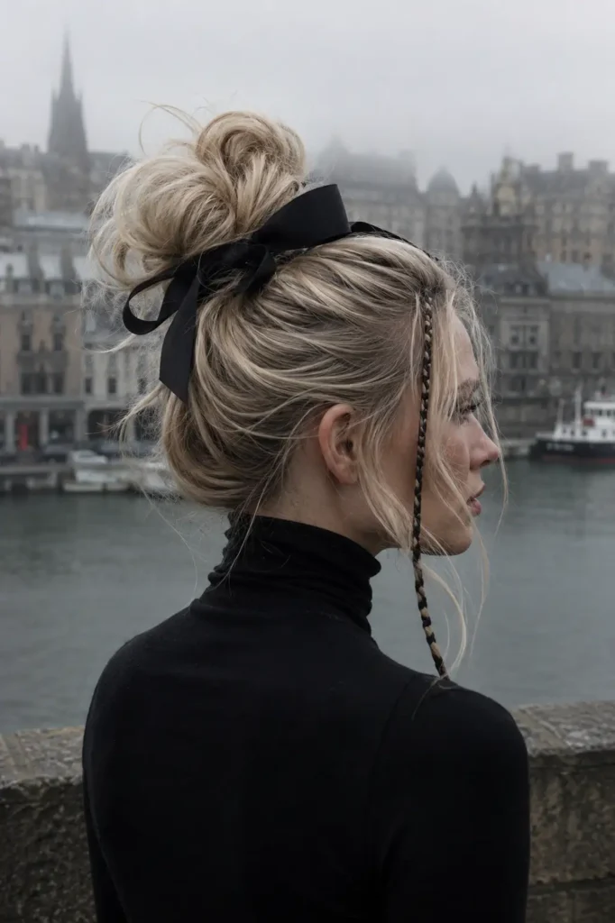 7. Tousled Top Knot with Face Framing Strands