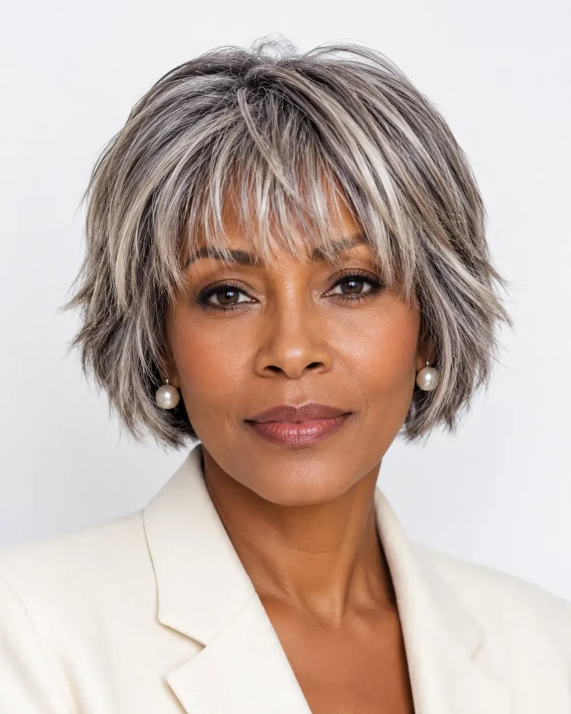 9. Razor cut choppy bob with curtain bangs